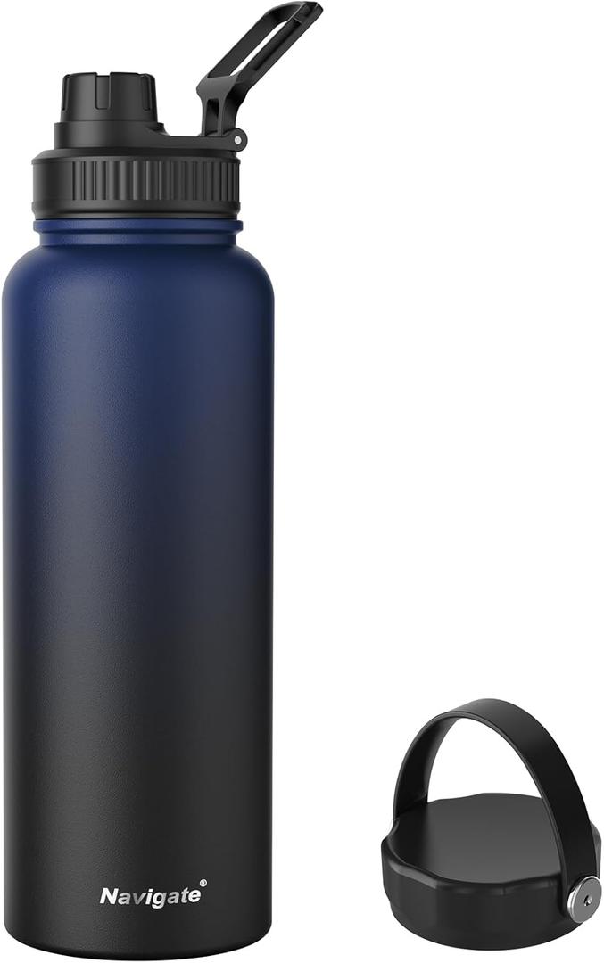 Navigate 40 oz Insulated Stainless Steel Sports Water Bottle with Spout & Handle Lids,Wide Mouth Water Jug with Double Walled Leak Proof Keep Cold for 24 Hrs Hot for 12 Hrs, Blue to Black