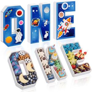 Yalikop 3 Pcs One Letter Fillable DIY Tray Food Box 10 Inch Charcuterie Board Letters Cardboard Serving Trays for Food 1st Birthday Anniversary Party Dessert Table Photo Props(Space Theme)