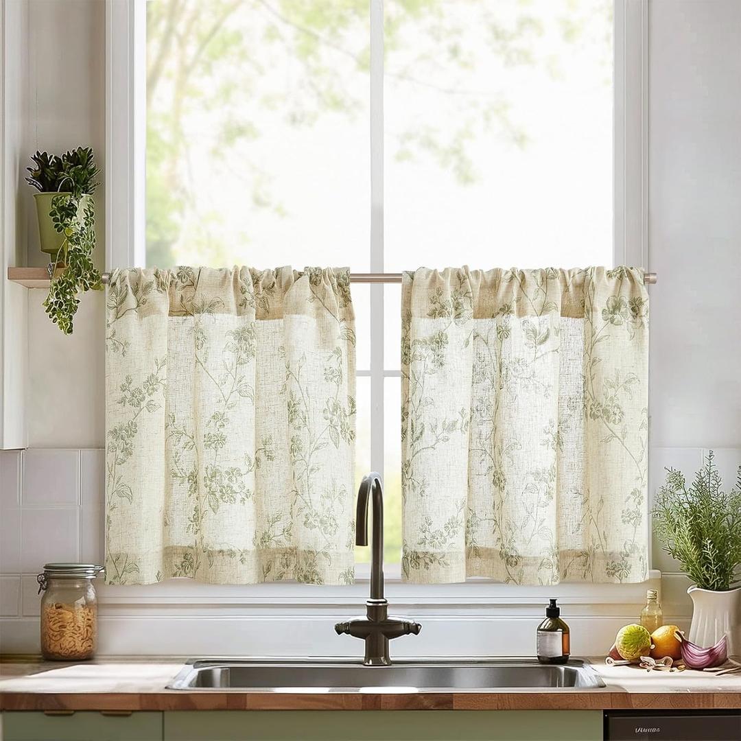 jinchan Floral Kitchen Curtains 24 Inch Linen Tier Curtains Farmhouse Cafe Half Window Drapes Over Sink Light Filtering for Living Room Laundry RV Rod Pocket 2 Panels Sage Green on Beige