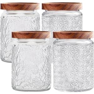 Vintage Glass Jars with Wooden Lids, 4 Pack 24 oz Airtight Glass Food Storage Containers Sets for the Kitchen, Sugar Coffee Candy Spice Cookie Tea Pasta
