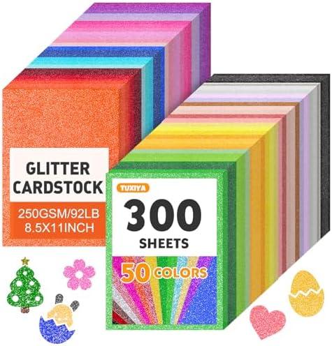 TUXIYA 300 Sheets 8.5" X 11" Glitter Cardstock,50 Assorted Colors 250GSM/92LB Glitter Cardstock,No-Shed Sparkly Glitter Paper for Arts and Crafts, Decorative, Card Making, Scrapbooking, DIY Projects