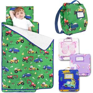 Primlect Toddler Nap Mat with Removable Pillow and Flannel Blanket, Portable Sleep Bag for Kids, Easy to Roll up, Washable, Perfect for Daycare, Preschool, Boys and Girls, 3-6 Years