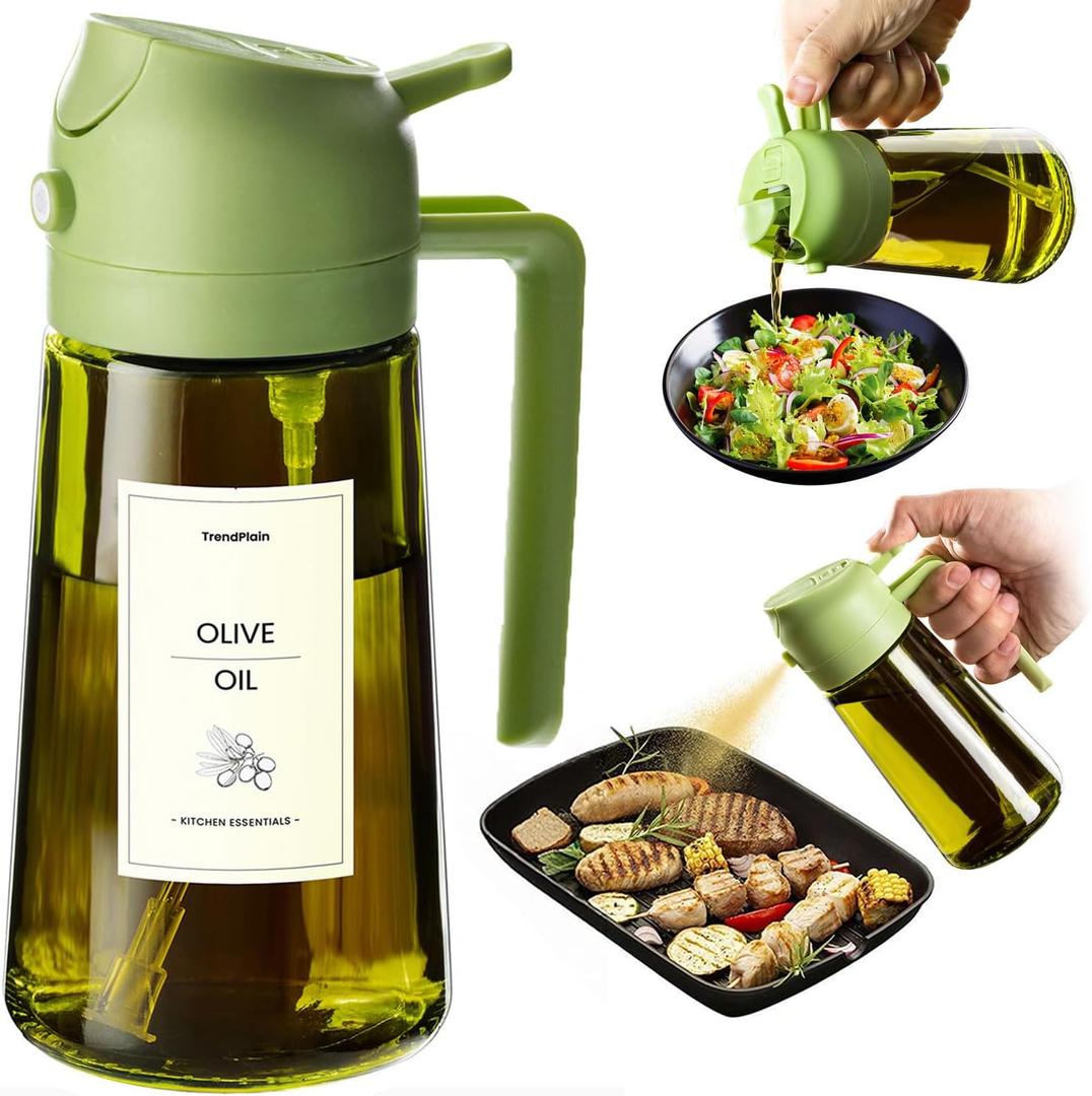 TrendPlain - Original 16oz/470ml Olive Oil Dispenser Bottle for Kitchen Gadgets and Air Fryer Accessories - Olive Oil Sprayer for Cooking w/Stickers - Green