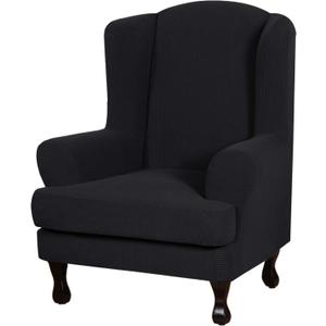 H.VERSAILTEX 2 Piece Stretch Jacquard Wingback Chair Covers Slipcovers Wing Chair Covers (Base Cover Plus Seat Cushion Cover) Furniture Covers for Wingback Chairs, Form Fitted Thick Soft, Black