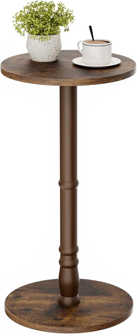 Round Side Table, Solid Wood Pillar with Wood Top & Base, Small Drink Accent Table for Living Room, Bedroom, Sofa & Office, Easy Assembly, Rustic Brown, Pack of 1