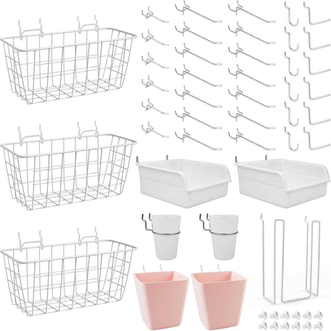 Pegboard Basket Organizers, Peg Board Large Baskets Hooks Bins Cups Tool Organizer 42 Pack Set, Wall Storage Display Hanging Accessories for Craft Office Stadio Shed Garage Organization (White & Pink)