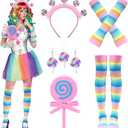 Galentine's Day Candyland Costume Accessories Headband Sweet Rainbow Necklace Lollipop Earrings Jombo Handheld Candy Gloves Tights for Candy Theme Cosplay Accessories