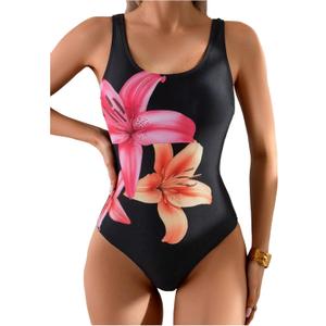WDIRARA Women's Floral Print Sleeveless One Piece Swimsuit Scoop Neck Swimwear Black Small