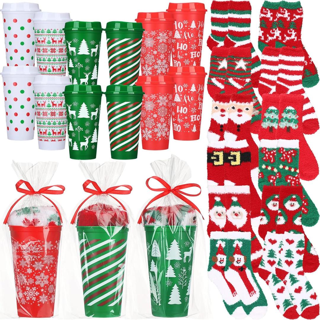 Pickmesh 12 set Christmas Bulk Gifts for Coworkers Funny 16 oz Christmas Coffee Cup Fuzzy Socks Set for Women Holiday Gift (Fresh)