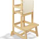 Kitchen Step Stool for Toddlers with Non-Slip Mat, WOOD CITY Wooden Kids Montessori Learning Stool Tower, Toddler Standing Tower Helper for Kitchen Counter and Bathroom Sink (Burlywood-Adjustable)
