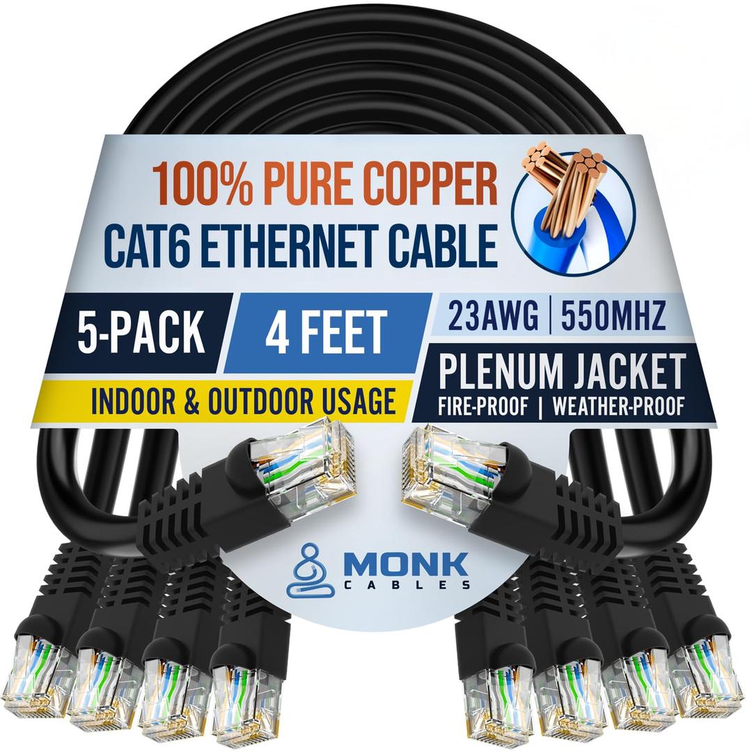 2 x MONK CABLES | CAT6 Ethernet Cable | 100% Pure Copper | Pack of 5 | Plenum Rated | UTP, 23AWG, 550MHz | DSX-8000 Certified | Most Certified Cable of The Whole Market (Black, 4ft)