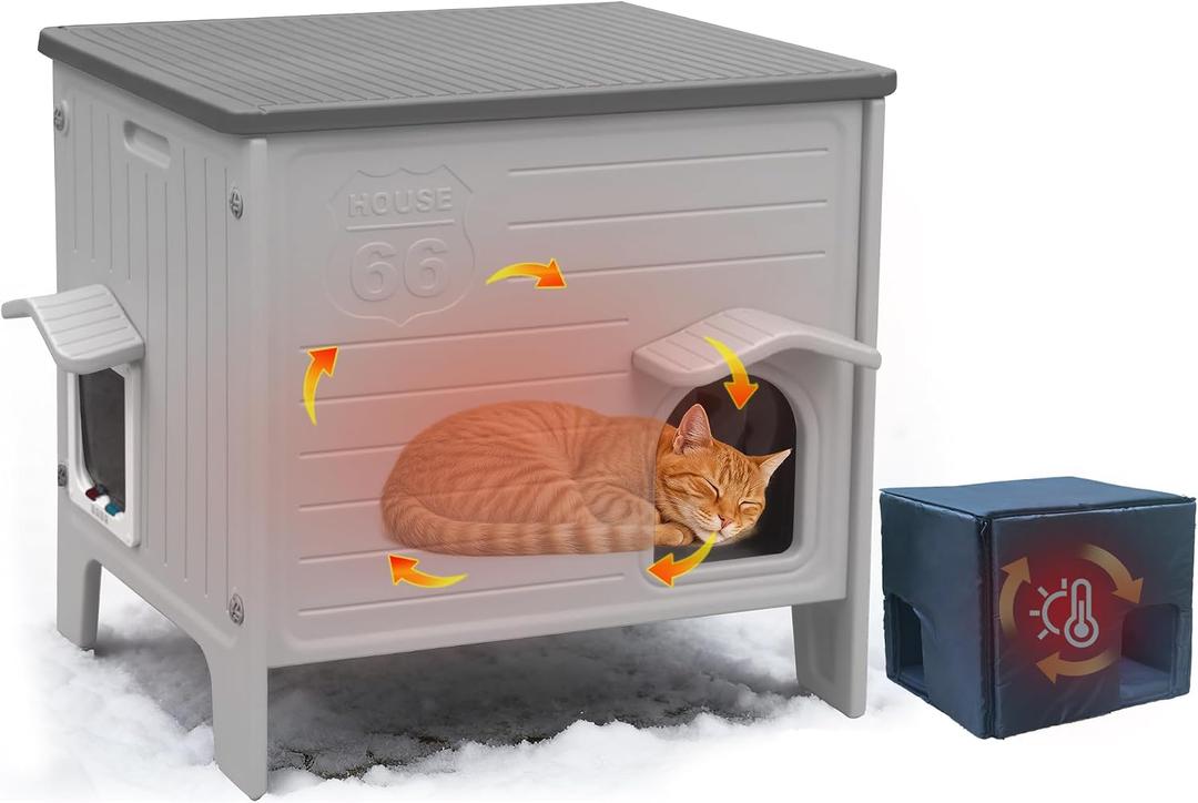 Deblue Insulated Cat House Outdoor Weatherpoof Plastic Cats Houses with Escape Door Indoor Waterproof Feral/Pet Cat Shelter Outside for Puppy, Rabbit for Winter (Grey), Medium-22"L x 16"W x 21"H
