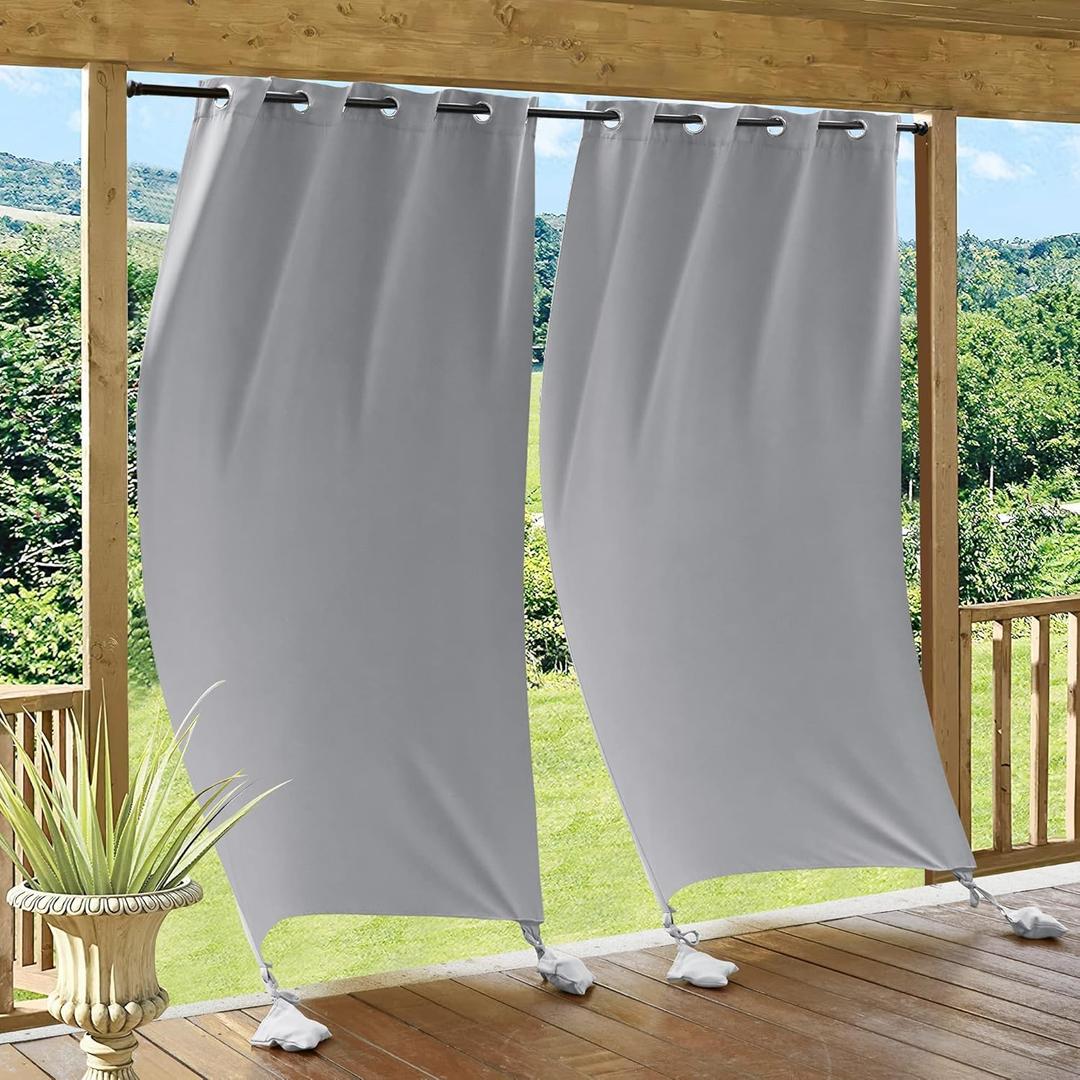 RYB HOME Windproof Outdoor Curtains with Weighted Bags, Extra Long Waterproof Curtain Weather Resist Sun Blocking for Patio Balcony Area Camper, 52 Width x 108 Length 2 Panels Set, Silver Grey