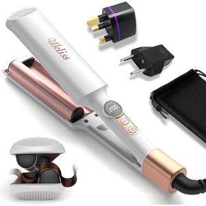 Travel Waver Hair Tool Mini Crimper for Women Short Hair 0.4 inch Small Double Barrel S Waver Curling Iron Dual Voltage (110-240V) with European Plug Adapter, 5 Temps, Anti-scalding, Auto-Off (White)