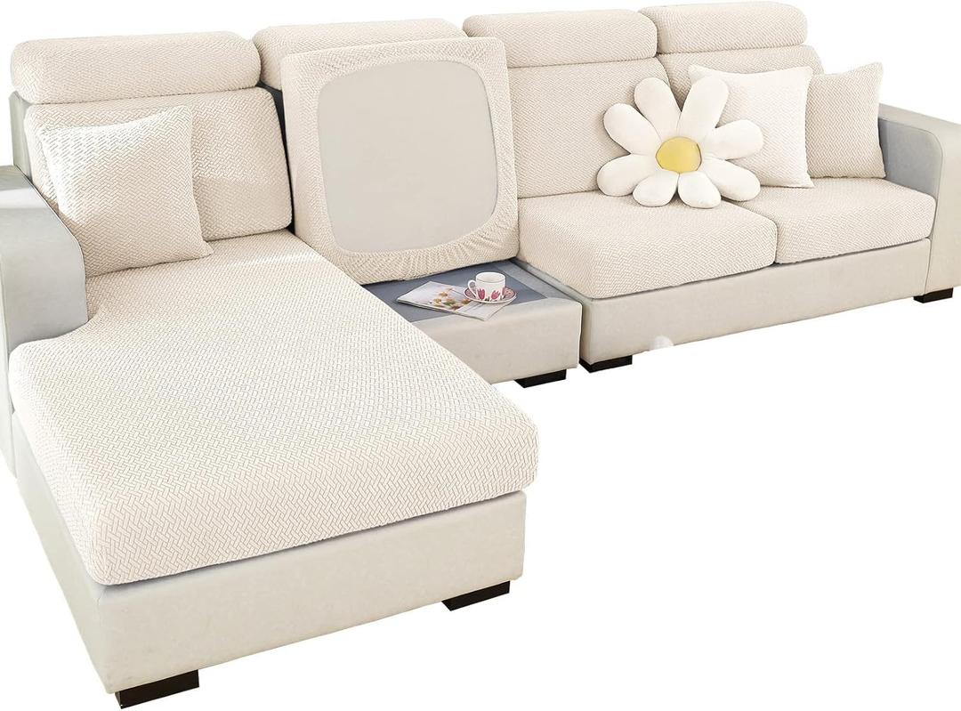 2025 New Wear-Resistant Universal Sofa Cover, Stretch Couch Cushion Slipcovers Replacement, Anti-Slip L Shape Sofa Covers, Chaise Lounge Sofa Slipcover (Weave White,Large Double Seat Cover)