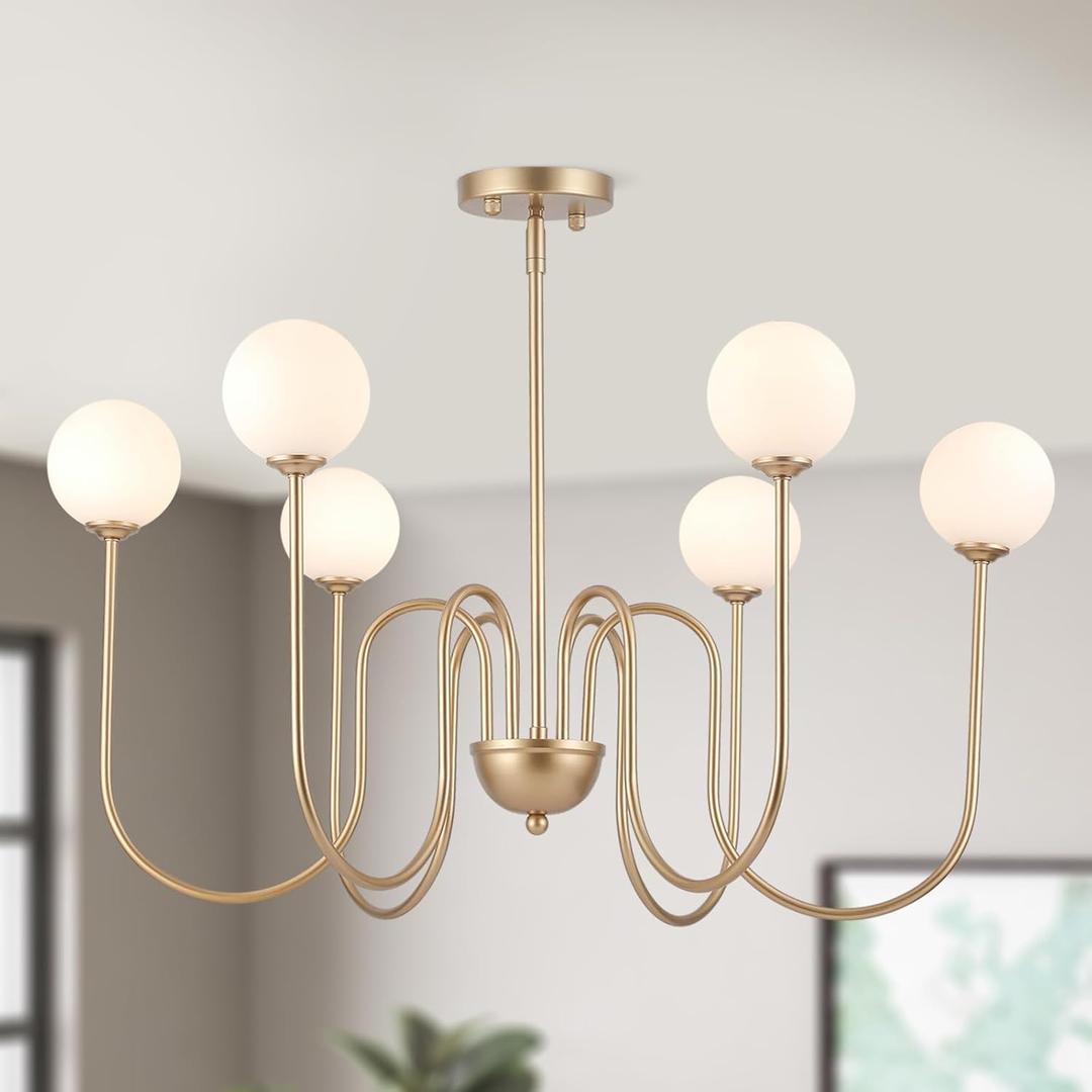 Modern Glass Golden Chandelier Light Fixture Vintage 6-Lights Chandeliers with Milk Frosted Glass Mid Centry Modern Gold Chandelier for Dining Room, Kitchen Island, Living Room, G9