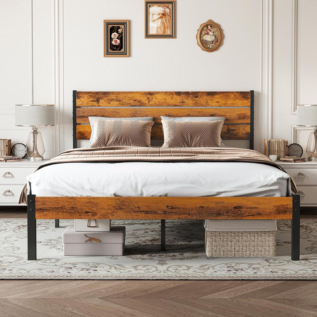 Sweetcrispy Full Size Wood Bed Frame with Headboard, 800LBS Mattress Foundation, Sturdy Metal Support Under Bed Storage Bed Base, No Box Spring Needed, Easy Assembly