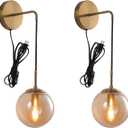 KUZZULL Wall Sconces Set of Two Plug in Wall Sconces with Globe Amber Glass Shade Wall Lamp with Cord Wall Sconce Plug in Brushed Brass Gold Sconces Set of 2 Wall Light Sconce