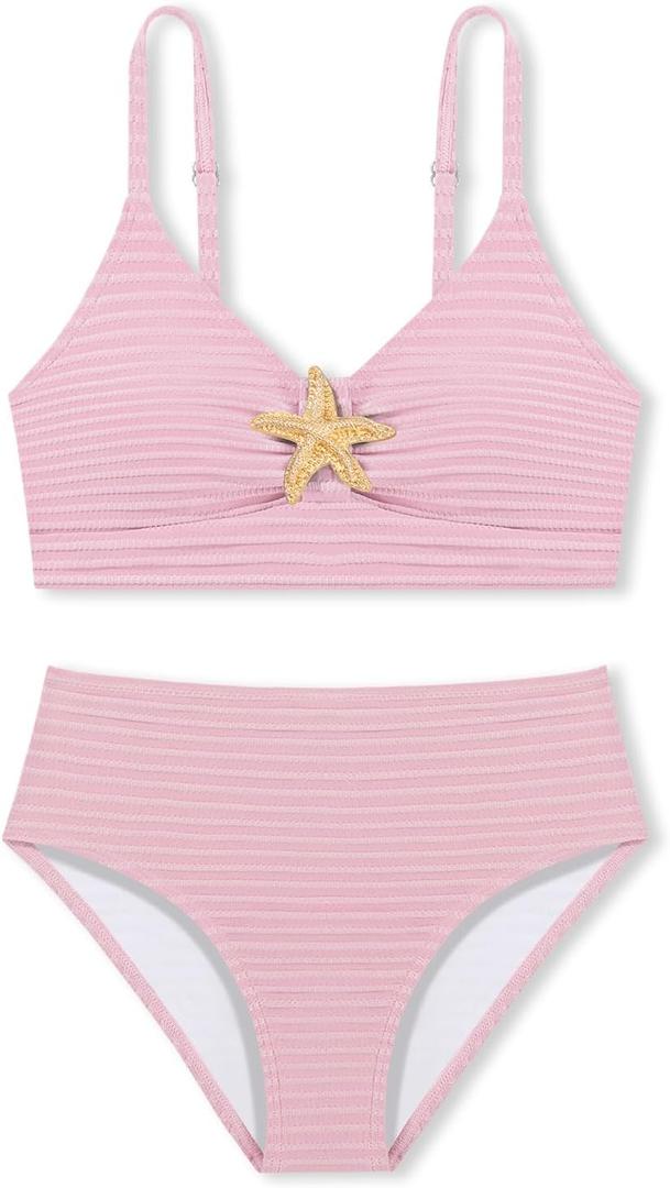 Girls Swimsuit 2 Piece Bikini Sets V Neck High Waisted Textured Ruched Solid Chest Padded Beach Bathing Suits, Size: 11-12 Years