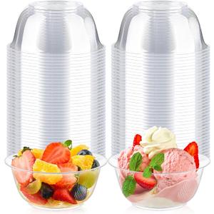 Qeirudu 8 oz Small Clear Plastic Bowls, 100 Pack Disposable Hard Plastic Party Serving Bowls for Fruit, Desserts, Parfaits, Ice Creams, Snacks
