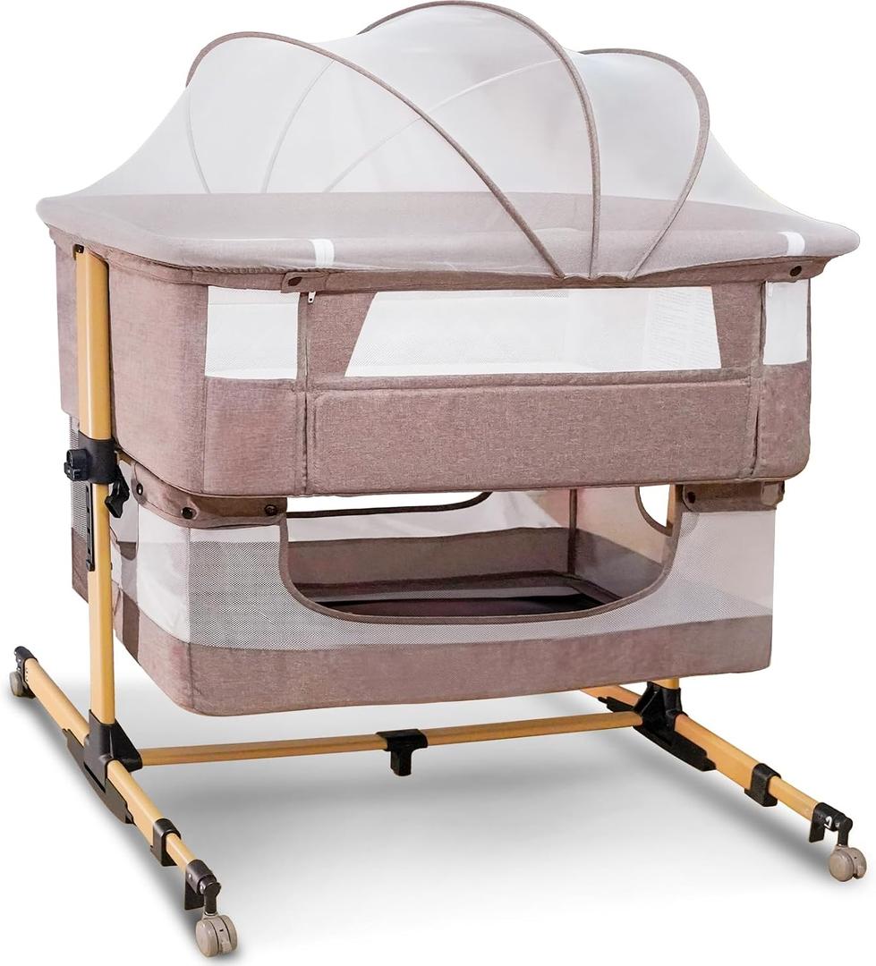 Baby Bassinet, 3 in 1 Bedside Sleeper with Mattress and Mesh Sides, Mosquito Net, Storage Basket, with Rocking Function, 5-Height Adjustable, Easy Assemble Crib for Newborn, Khaki