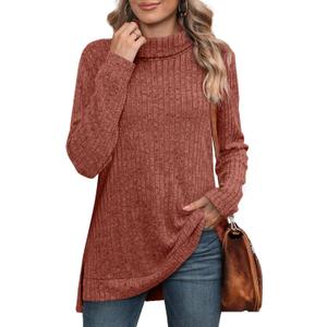 WIHOLL Womens Tunic Tops Turtleneck Long Sleeve Shirts Oversized Fall Sweaters Side Split High Low Hemline (Small, Caramel Orange)