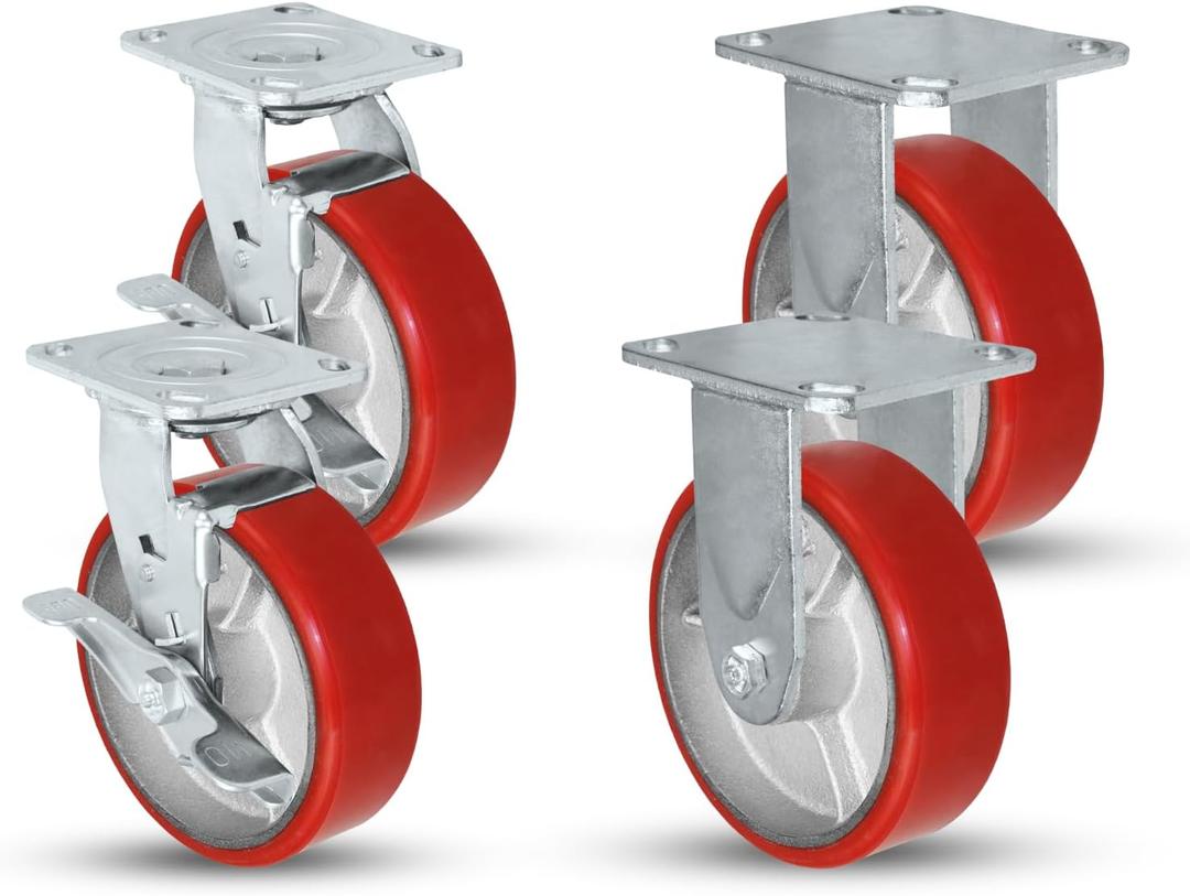 5" X 2" Swivel Caster Heavy Duty Red Polyurethane Wheel on Steel Hub with Brakes (2) and Fixed (2) 4,000lbs Per Set of 4 Tool Box Casters - CasterHQ Brand (5")