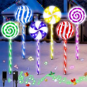 ElectricWise 6 in 1 Lollipop Christmas Pathway Lights Outdoor, 29 Inch Peppermint Pathway Markers Lights, Lighted Candy Cane with 5 Modes and Music for Xmas Holiday Patio Yard Garden(Multicolor)