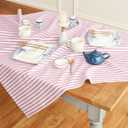 Solino Home Striped Tablecloth 52 x 52 Inch - 100% Pure Linen Cherry Blossom and White Square Table Throw - Amalfi Stripe, Machine Washable Fabric Tablecloth for Spring, Summer (52" x 52" (Square), Cherry Blossom & White)