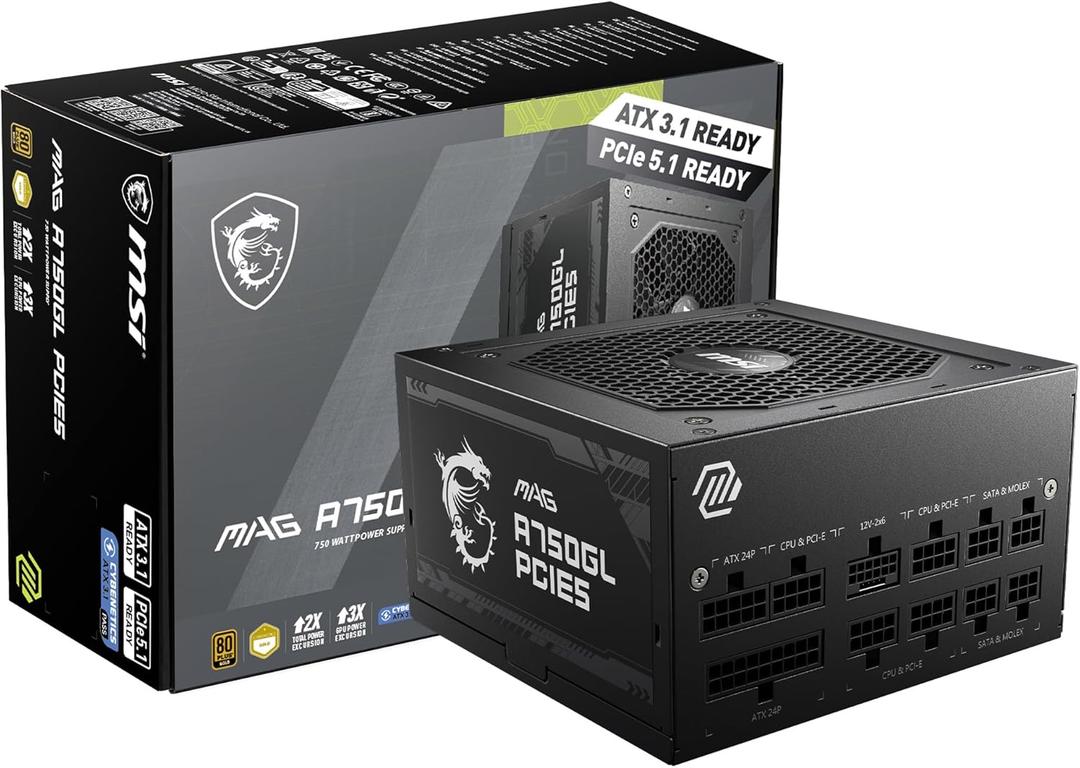 MSI MAG A750GL PCIE5, Fully Modular Compact Gaming 750W Power Supply, 80+ Gold, ATX 3.1 & PCIe 5.1 Ready, Native DualColor 12V2x6 Cable