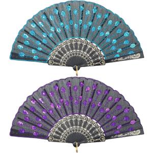 Jetec 2 Pieces Handheld Folding Fan Sequin Fabric Folding Lace Trim Fabric Rave Fan for Line Dancing Flamenco Spanish 1920s Costume Decoration(Purple, Blue)