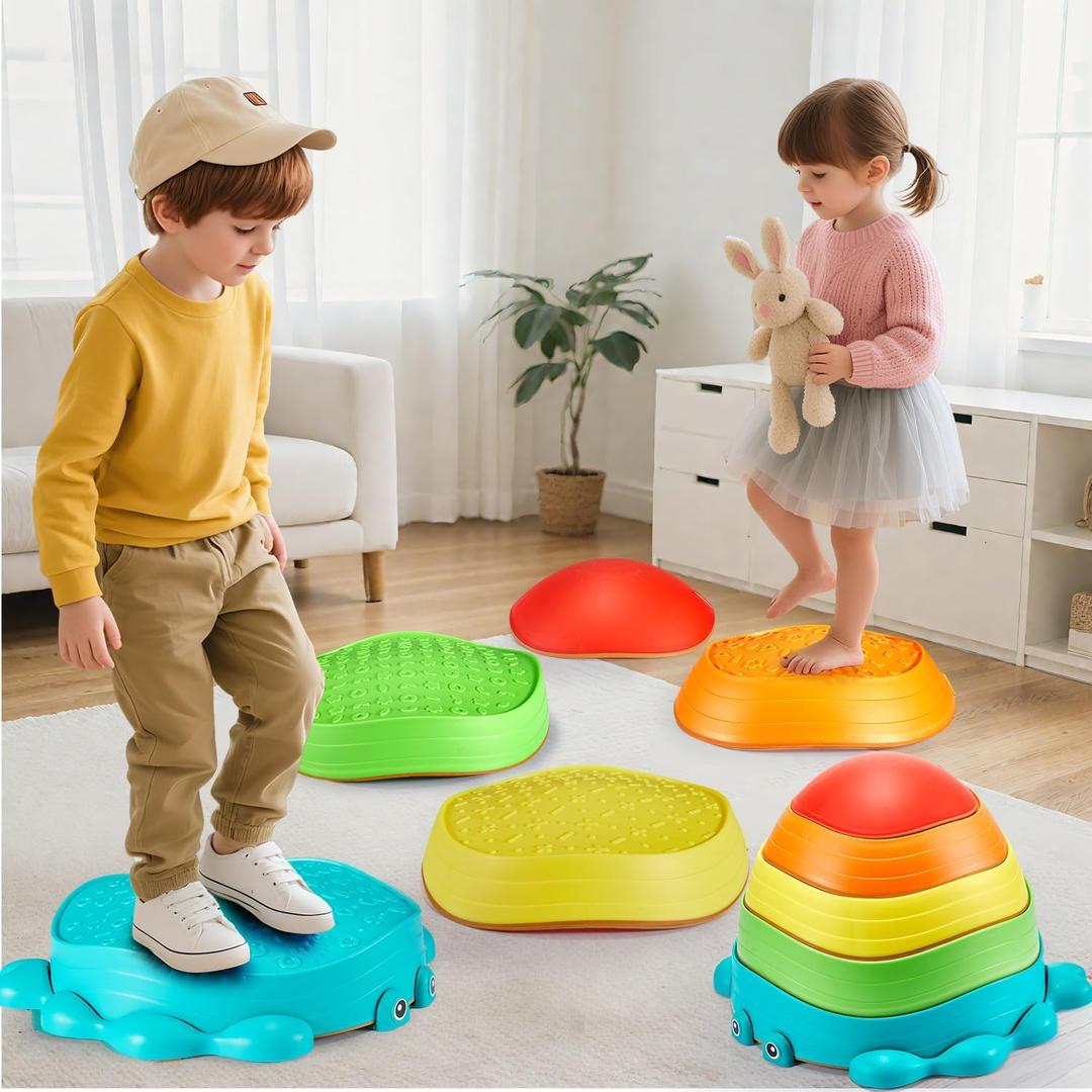 YOHOOLYO Stepping stone for kids, 5 Pack Non-Slip Child Balance Stones, Outdoor Indoor Play Toys, Rainbow Crab Design for Toddlers Kids 3-5 Gift