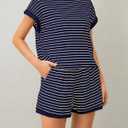 Burtell Women Summer 2 Piece Lounge Sets Striped Short Sleeve Tee Shirts Mini Shorts Loungewear Shorts Set Ribbed Pajama Set (Blue)