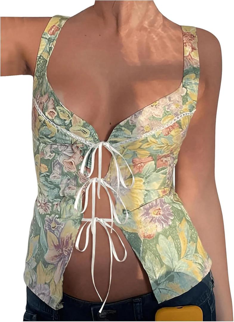 SOLY HUX Women's Floral Print Bow Tie Front Tank Top Sleeveless Sweetheart Neck Y2k Tops (S)