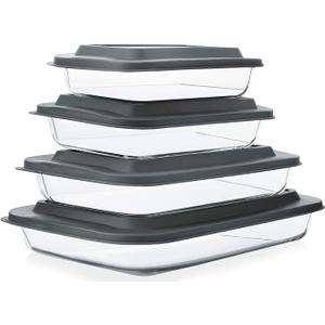 8Piece Deep Glass Baking Dish Set with Plastic lids,Rectangular Glass Bakeware Set with Lids, Baking Pans for Lasagna, Leftovers, Cooking, Kitchen, FreezertoOven and Dishwasher, Gray