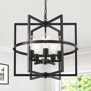 QMNHAU 19'' Black Chandelier for Dining Room, 5Light Modern Farmhouse Chandelier with Geometric Cage Adjustable Industrical Hanging Pendant Light Fixture for Kitchen Entryway Hallway Foyer Bedroom