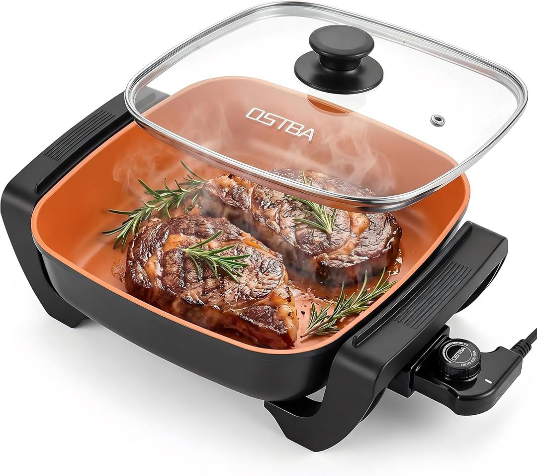 OSTBA 12"x12" Electric Skillet with Glass Lid, 5.2QT Large Nonstick Frying Pan for Family Meals, 1500W Fast Heating, 5-Level Adjustable Temperature Control, PFOA Free, Easy to Clean (Black)