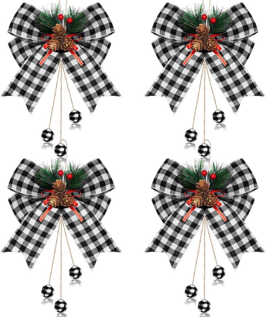 Syhood 4 Pcs Christmas Large Buffalo Plaid Bow with Pine Needles Xmas Tree Burlap Buffalo Check Ribbon Bow Decoration for Home Christmas Party Indoor Crafts 9.8 x 11.8 Inch (Black and White Plaid)
