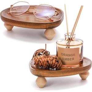 Dicunoy 2 Pack Acacia Wood Riser for Decor, 6" Small Wood Pedestal Display Stands for Kitchen Counter, Rustic Wooden Tray for Bathroom Counter, Tabletop Centerpieces, Entry Table, Farmhouse Decor
