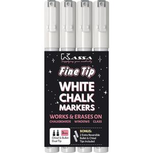 Kassa Fine Tip White Chalk Markers - 4-Pack, 3 mm Dual-Ended Bullet & Chisel - Erasable Liquid Chalk - Dust-Free on Boards, Windows & Mirrors