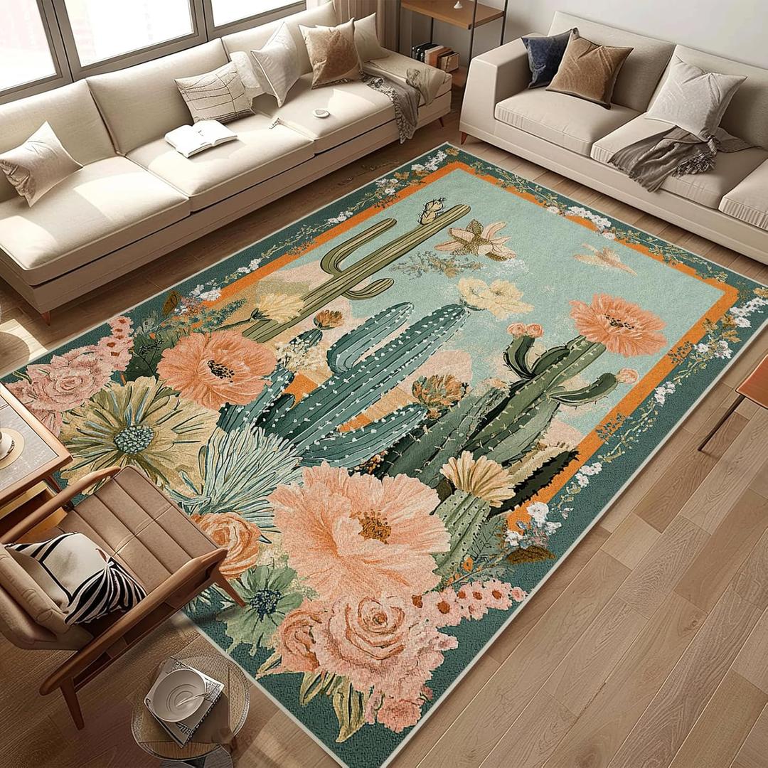 4x6 Cactus Flower Area Rugs Boho Tropical Floral Botanical Green Rug for Living Room Indoor Soft Non-Slip Thin Carpet Modern Abstract Rugs for Dining Room Bedroom Under Table Washable Machine