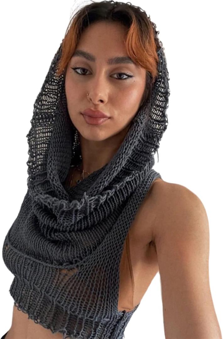 Women Knitted Hoodie Sweater Vest Sexy Sleeveless Hollow Out Hooded Crop Top Streetwear Rave Oufit (Large, Gray)