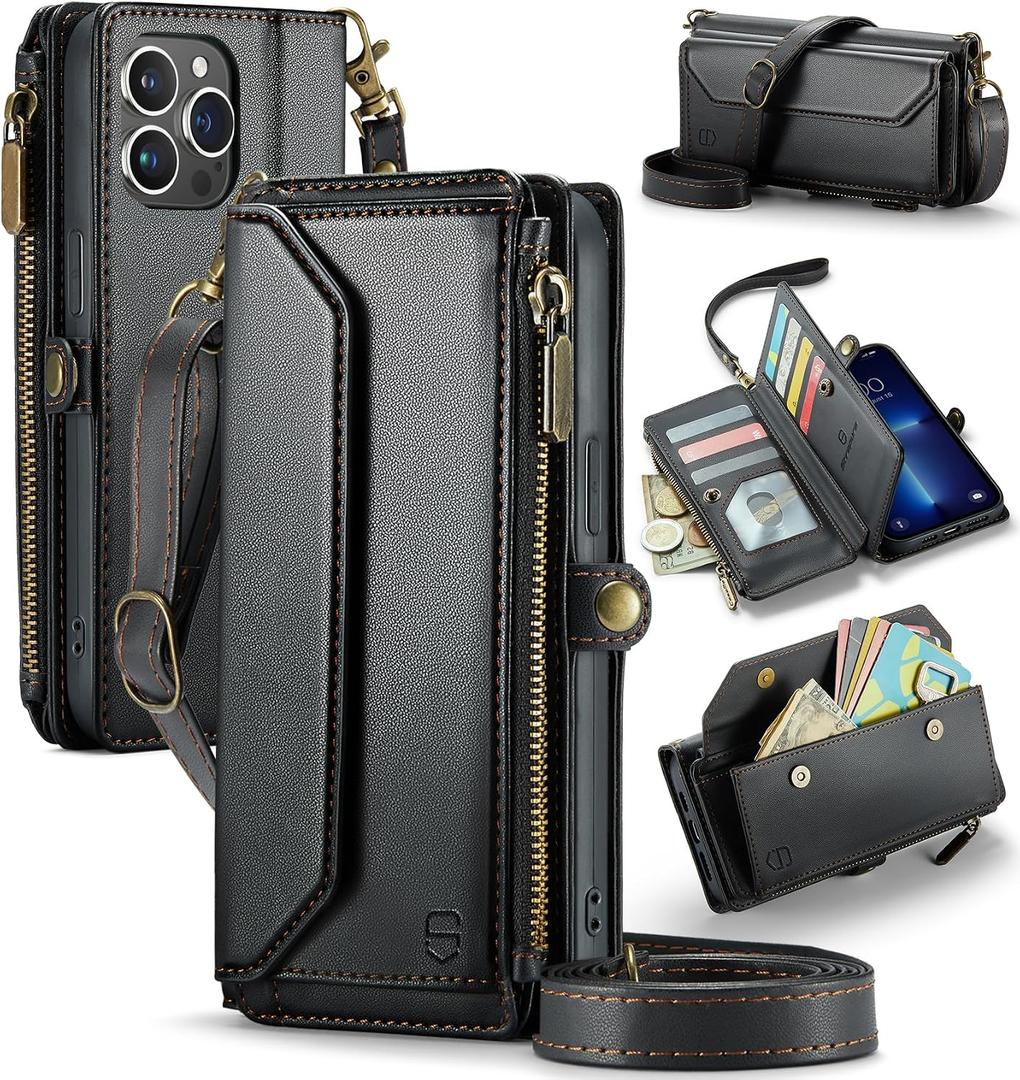 Strapurs Wallet Case Compatible with iPhone 13 Pro Max RFID Blocking 10-Card Holder Soft PU Leather Magnetic Snap Shoulder Strap Zipper Pocket Phone Case Fit for iPhone 13 Pro Max - Black