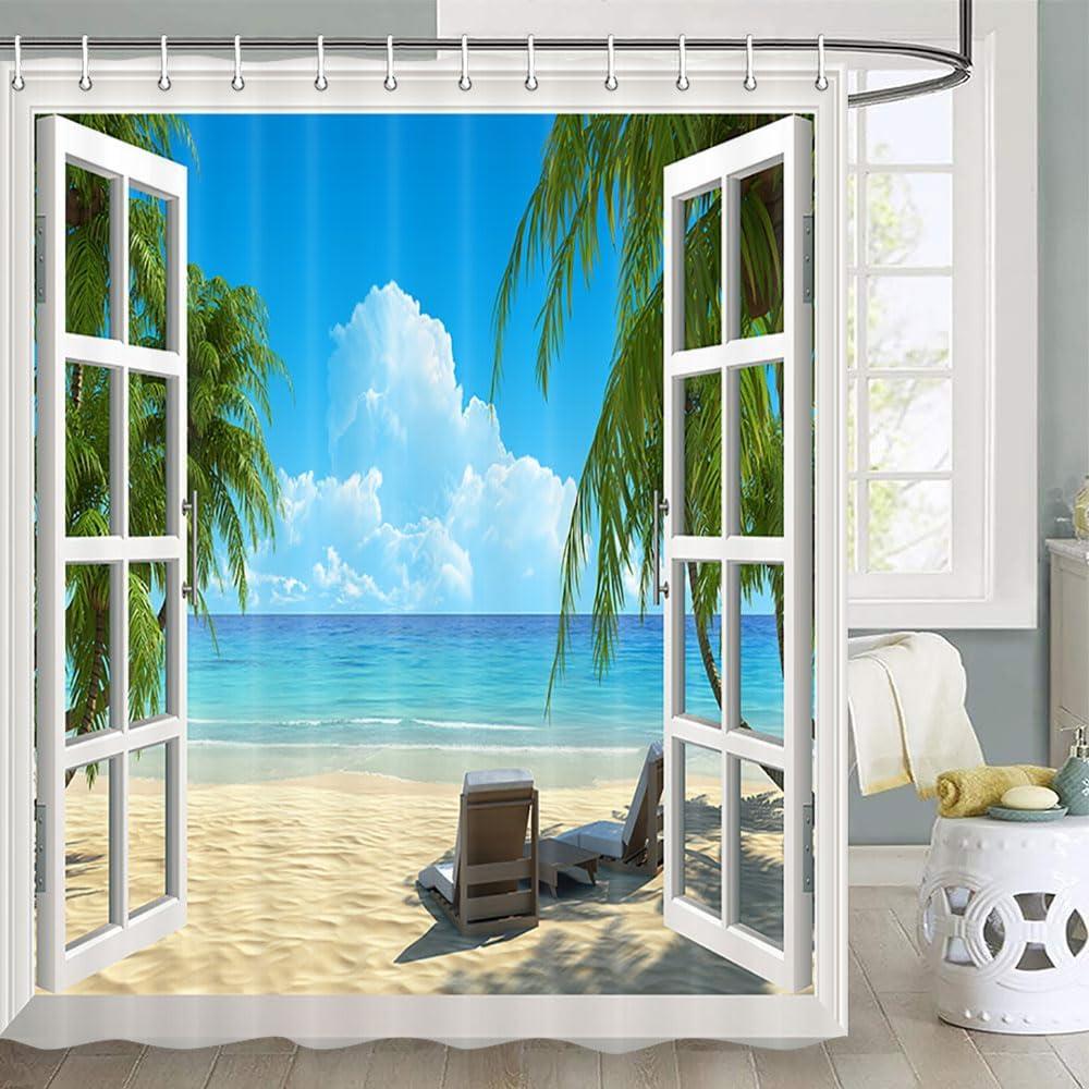 JAWO Palm Tree Shower Curtain, Tropical Palm Trees on an Island Beach Through White Wooden Windows Bathroom Curtain Accessories, Polyester Fabric Beach Shower Curtain Set with Hooks, 70X70 Inches (Teal)