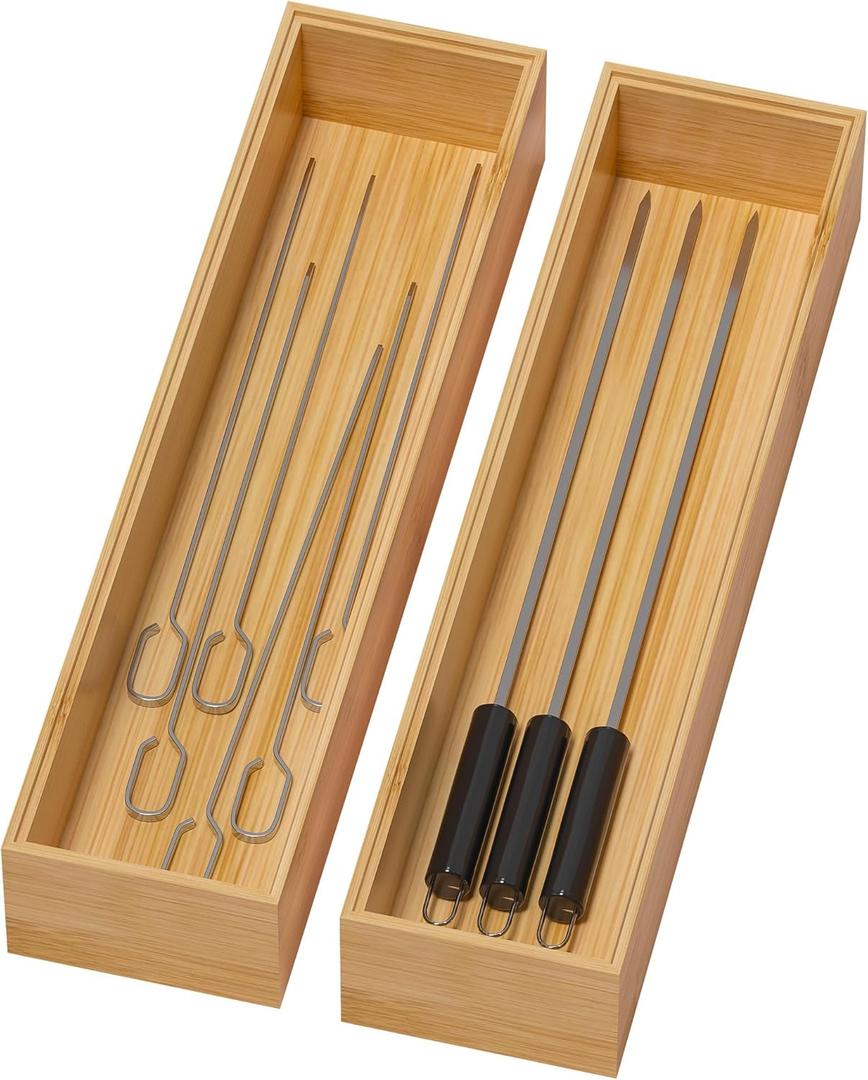 Lixple Bamboo Drawer Organizer, Narrow Stackable Cutlery Tray for Kitchen, 2 Pcs Silverware & Utensil Box, 12" x 3" x 2" (Outer), 11.3" x 2.3" x 1.77" (Inner) (Yellow)