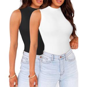 WAYMAKER Mock Neck Bodysuits for Women Sleeveless Basic Tank Top Body Suit Shirts (Medium, Black,white)