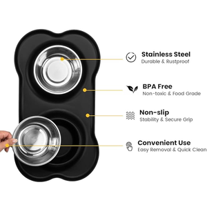 Conlun Dog Bowls with Silicone Feeding Mat, No Spill Food Water Dish Set, Dishwasher Safe, 2 Stainless Steel Puppy Bowls, Suitable for Tiny Dogs Kittens Cats Rabbits Pets under 8lbs, Extra Small, Black