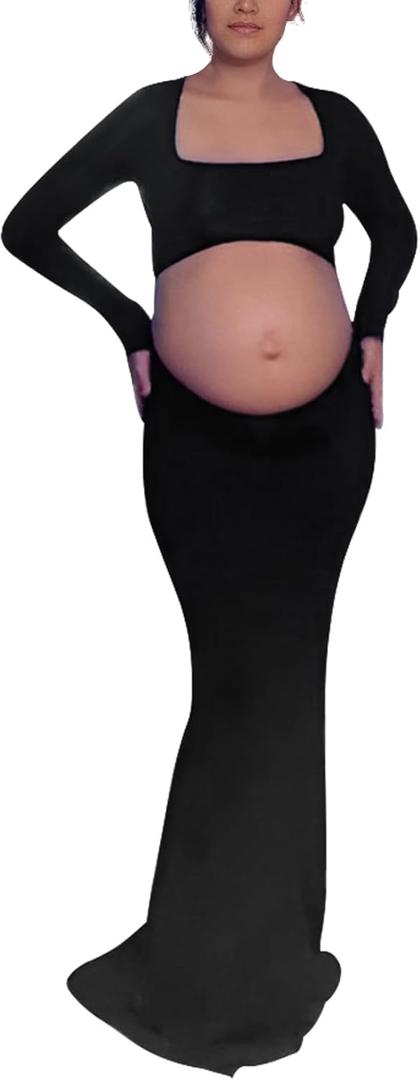 Bhome Maternity Photoshoot Dress Long Sleeve Sexy Cut-Out Backless Maternity Maxi Gown Photography Outfits (Black)