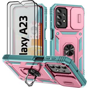 ANOUKE Compatible with Galaxy A23-4G/5G Case,with 3 Pcs Tempered Glass Screen Protector Built in Ring Stand Kickstand + Camera Cover, Hard PC Soft TPU Defender Full Body Protective Case- Pink/Green