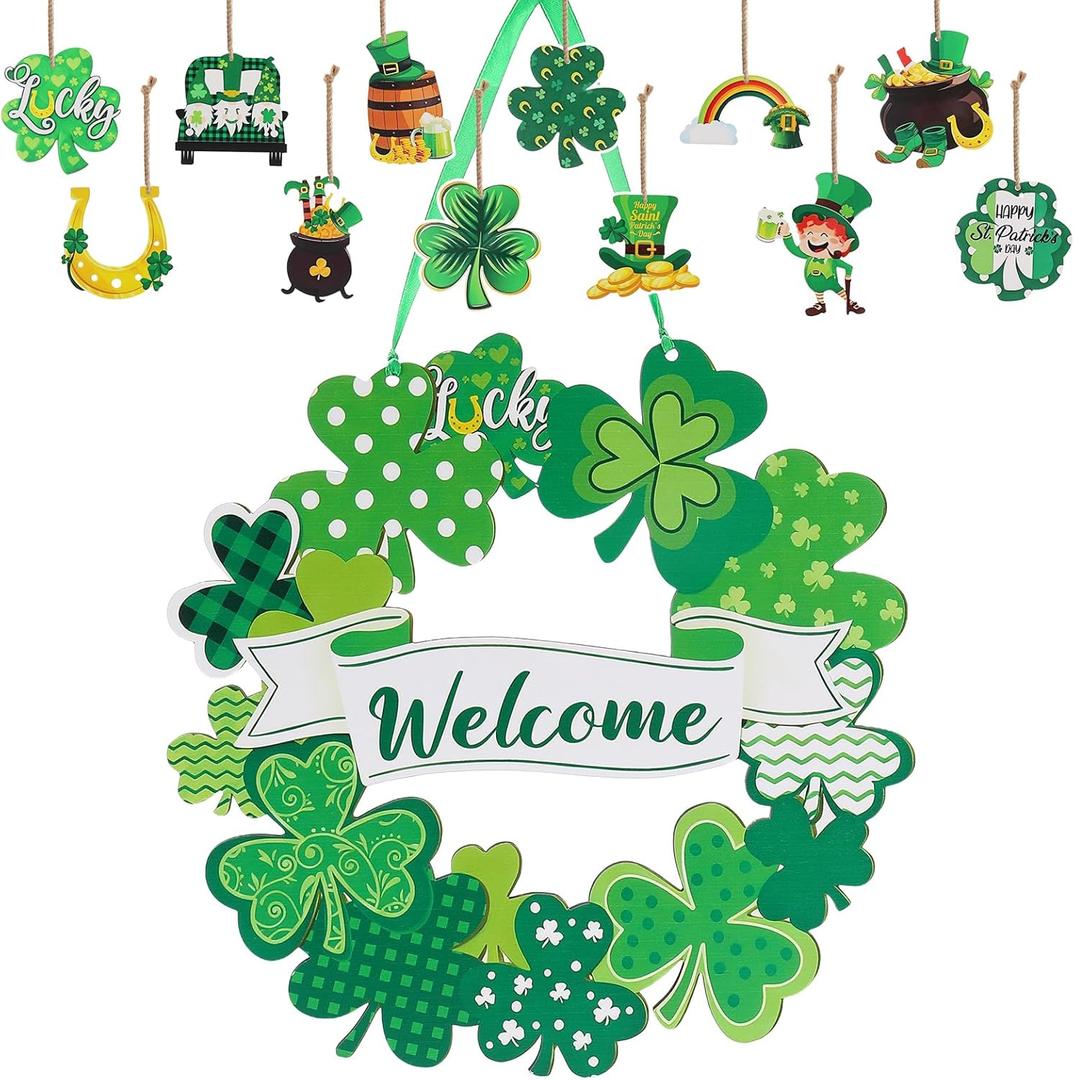 13pcs St Patricks Day Decoration with 1pc Wooden Shamrock Door Wreath 12pcs Wooden Shamrock Ornaments for Party Outdoor Indoor Supply